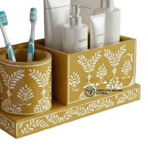 Organizador de Baño de Pared Rectangular de Dos Piezas con Incrustaciones de Hueso Amarillo de Lujo, Diseño Floral, Estante de Almacenamiento, Fácil de Limpiar, Ecológico - Product Image 1