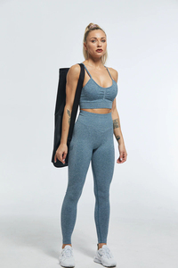 Conjunto de Yoga para Mujer, Azul, Tirantes Ajustables, Leggings de Cintura Media, Sin Costuras, Color Sólido, Transpirable, Poliéster/Algodón, Cintura Elástica, Conjunto Deportivo - Product Image 3