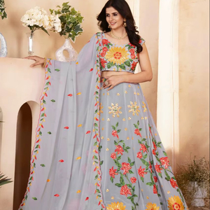 Lehenga Choli Estilo Occidental Bollywood Indio, Tela de Georgette Sintética, para Bodas y Fiestas de Diwali, Materiales Reciclados, Prenda Premium para Mujer - Product Image 1