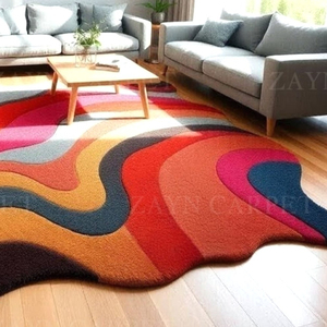 <b>Hand</b> <b>Tufted</b> Multicolor Wavy Abstract Wool <b>Rug</b>, Irregular Organic Shape Area Carpet for Living Room Bedroom Home Decor Wholesale - Product Image 3