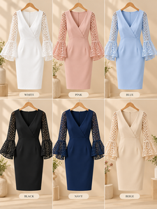 Elegant White V-Neck Pencil <b>Dress</b> With Lace <b>Bell</b> <b>Sleeves</b> Knee-Length Fitted Summer Party <b>Dress</b> - Product Image 5