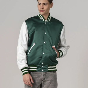 Chaqueta Varsity de Satén Premium para Hombre – Chaqueta Bomber Clásica con Cuello y Puños Acanalados a Rayas y Cierre de Botones a Presión - Product Image 1