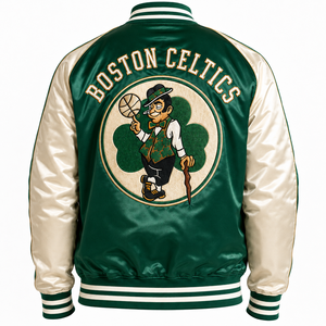 Veste de sport en satin personnalisée, couleur équipe de basket de Boston, vert crème, logo brodé sur mesure, vêtements de sport OEM, vente en gros - Product Image 3