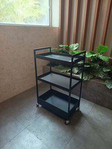 Black Three-Layer Steel Mesh Storage <b>Cart</b> with Four Wheels Movable Multilayer Trolley <b>for</b> Indoor Use - Product Image 1