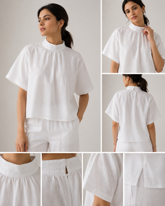 Ensemble coordonné bohème pour femmes en coton et lin blanc, toutes saisons, haut à col rond à manches trois quarts, pantalon large, coupe régulière, deux pièces - Product Image 2