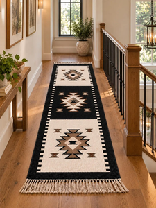 Tapis de couloir étroit noir ivoire en laine et jute tissé à la main, motif géométrique tribal du Sud-ouest, style bohème rustique, tapis d'appoint pour ferme - Product Image 6