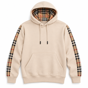 Sweat-shirt à capuche en jersey épais beige doublé, imprimé, avec empiècements à carreaux sur les manches, poche avant, style décontracté pour l'automne - Product Image 4