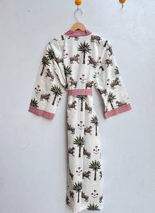 Bata Kimono de Algodón 100% Tejido con Estampado de Dibujos Animados para Mujer, Camisón de Verano Hecho a Mano, Cuello en V, Cintura Elástica, Largo Completo, ODM - Product Image 2