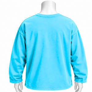 Camiseta de algodón oversize de manga larga con cuello redondo y hombros caídos, lavado vintage, estilo casual streetwear, corte holgado, para uso diario, color cian. - Product Image 2