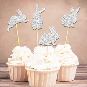 Décorations de fête d'anniversaire Lapin 12 pièces, fournitures de desserts en papier, thème animal de dessin animé, décorations de gâteaux pour fête d'enfants - Product Image 1