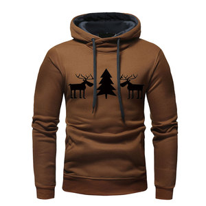 Sudadera con Capucha Marrón para Hombre con Estampado de Alce y Árbol, Corte Regular, Informal, de Algodón Tejido, Ecológica, para Invierno - Product Image 4