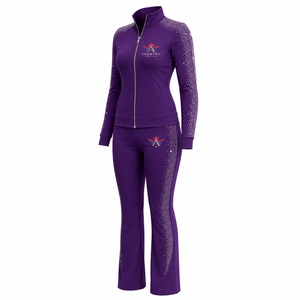 Survêtement de luxe pour femme avec strass, détails en cristal étincelant, matière douce, coupe confortable, veste zippée, pantalon assorti, OEM - Product Image 3