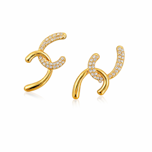 Pendientes de Oro Sólido de 14K con Doble Eslabón en Forma de C, Pendientes con Diamantes Pavé, Diamantes Cultivados en Laboratorio, Pendientes Curvos en Forma de C, Joyería de Moda - Product Image 1