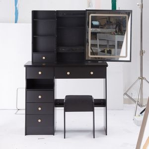 Tavolo da Trucco con Cassetto Sinistro da 37 Pollici, Sgabello Imbottito, Ampio Piano Scorrevole con Controllo Touch a Tre Colori - Product Image 2