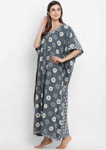 Classique gris et ivoire main bloc imprimé col en v caftan robe 100% coton doux décontracté grande taille pour l'été confort heureux - Product Image 4