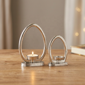 Ensemble de 2 porte-bougies chauffe-plat en métal en forme d'œuf de Pâques, décoration artisanale pour fêtes et maison, couleur nickel, vente en gros directe usine - Product Image 1