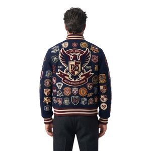 Vestes de baseball universitaires pour hommes en chenille personnalisée, patchwork, bleu marine, 100% laine, broderie, streetwear - Product Image 2