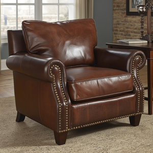 <b>Comfortable</b> Genuine Leather Single <b>Armchair</b> Classic Rolled Arm Accent Sofa with Nailhead Trim for Home Living Room Furniture - Product Image 1