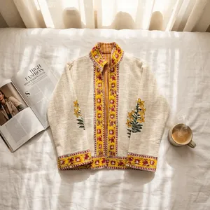 <b>White</b> Cotton Stand Collar Floral Hand Block Print Eco-Friendly Reversible Silkgram Long Sleeve <b>Jacket</b> <b>for</b> <b>Women</b> Spring - Product Image 2