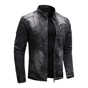<b>Men's</b> Washed <b>Denim</b> <b>Jacket</b> Stand Collar Zipper Closure Slim Fit Moto Style Regular Sleeve Autumn Wear - Product Image 2