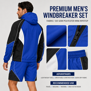 Ensemble de survêtement sportif pour homme, veste à capuche et short, bleu et noir, imperméable, séchage rapide, polyester, vêtements de sport pour le printemps - Product Image 6