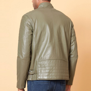 Men's Olive Green Genuine Leather <b>Waterproof</b> Eco-Friendly Moto <b>Jacket</b> Stand Collar Zipper Closure Slim Fit Solid Color Autumn - Product Image 5