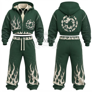 Conjunto Deportivo para Hombre con Estampado de Llama Verde, 100% Algodón, Cremallera Completa, 450 Gsm, Sudadera Corta con Capucha, Pantalones Jogger, Corte Holgado Informal - Product Image 3