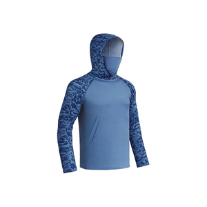 Men's Blue Long Sleeve Hooded Fishing Shirt UPF 50 Camouflage <b>Print</b> Pullover <b>Top</b> Anti-UV Quick Dry - Product Image 3