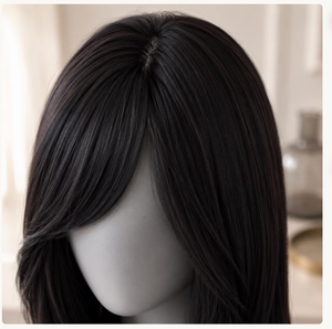 Perruque synthétique longue noire droite avec frange latérale, coupe dégradée, pour usage quotidien, en fibre résistante à la chaleur, pour femmes - Product Image 6