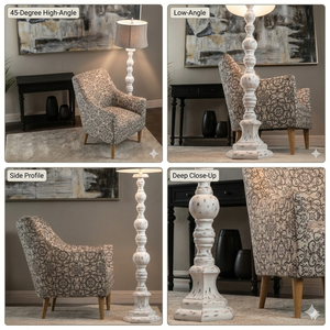 Lampadaire vintage en bois blanc vieilli, style rustique, avec tige sculptée, pour salon et chambre à coucher, éclairage décoratif de ferme - Product Image 2