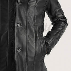Chaqueta de Cuero Genuino Negra para Hombre con Cuello de Piel Negra, Chaqueta Bomber de Piel de Oveja con Forro de Felpa Cálido para Invierno, Corte Ajustado Informal - Product Image 5