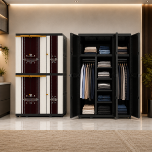 Naiba Mega <b>Portable</b> Plastic Cabinet/<b>Wardrobe</b> with Brown White Wood Style Hinged Doors & Hanger for Clothing & Bedroom Storage - Product Image 1