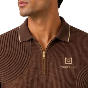 Polo de Punto Personalizado para Hombre en Color Marrón con Cierre Dorado, Manga Corta, Tejido Texturizado de Lujo, Logotipo Personalizado, Diseño de Golf, OEM - Product Image 5