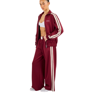Womens Full <b>Zip</b> High Collar Tracksuit Set Three <b>Side</b> Stripe Top Wide Leg <b>Trousers</b> Elastic Drawstring Waist 2 Piece Casual Outfit - Product Image 4