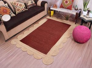 Tapis artisanal en jute naturelle rouge bordeaux à bordure festonnée, tapis décoratif tissé à la main - Product Image 5