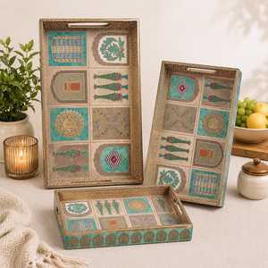 Juego de 3 bandejas de servir modernas y multifuncionales de MDF Colorful Meena, aptas para lavavajillas, hechas a mano, decorativas para mesa - Product Image 2