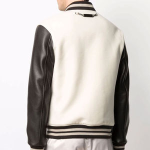 <b>Men's</b> <b>Cream</b> PU Leather Varsity <b>Jacket</b> Turn-down Collar Button Closure Solid Color Regular Sleeve Autumn Casual Outerwear - Product Image 2