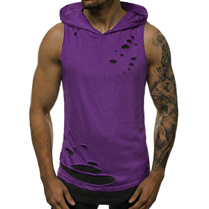 Custom Colours Men's <b>Distressed</b> Hooded Tank <b>Top</b> Double Layer Ripped Muscle Tee Streetwear Fitness Sleeveless Wholesale Tank <b>Tops</b> - Product Image 1