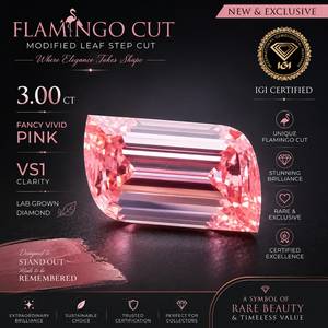 Diamant de laboratoire rose vif fantaisie 3,00 ct VS1, taille émeraude en forme de feuille (FLAME) à facettes, certifié IGI, pierre libre pour la fabrication de bijoux - Product Image 1