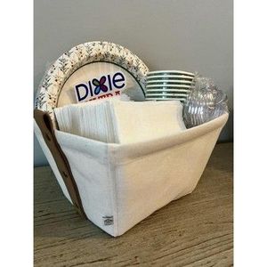 Cesto portaoggetti in tela color crema/marrone chiaro con manici in similpelle e cesto decorativo in tessuto con motivo Magnolia - Product Image 6