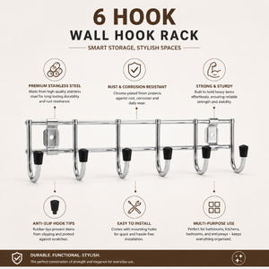 Stainless Steel Wall Mounted Towel Hook Set 6 Hooks Polished Chrome Bathroom and Kitchen Organizer Heavy Duty Coat <b>Hanger</b> Rack - Product Image 5