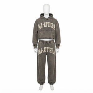 Custom Women Acid Wash Gray <b>Cropped</b> Hoodie <b>Jogger</b> Set Cotton Fleece Oversized Streetwear Tracksuit OEM Wholesale - Product Image 3