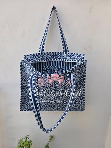 Elegant Indigo Hand Block Printed Cotton Bohemian Tote Bag Kantha Quilting Striped Handles Open High Quality <b>Shoulder</b> <b>Straps</b> - Product Image 4