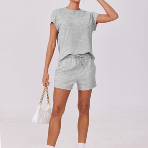 High Quality Women <b>Sets</b> Above Knee Canvas Breathable Streetwear 2Piece Short <b>Set</b> Regular Fit Short Sleeve Solid Color Short <b>Set</b> - Product Image 5