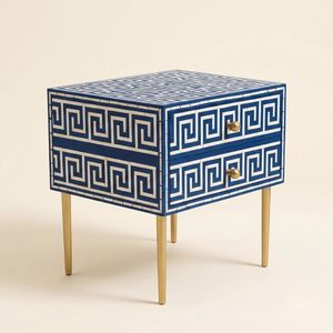 Mesita de Noche Artesanal con Incrustaciones de Hueso Azul y 2 Cajones, Mesa de Noche con Diseño Griego, Muebles Modernos con Incrustaciones de Hueso - Product Image 1