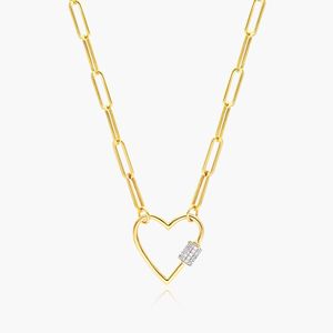 Diamond Heart Lock Paperclip Split Chain <b>Necklace</b> In Yellow Gold - Product Image 1