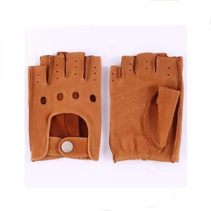 Gants de conduite élégants unisexes en cuir marron à demi-doigts, respirants, compatibles, antidérapants pour les activités de plein air - Product Image 3