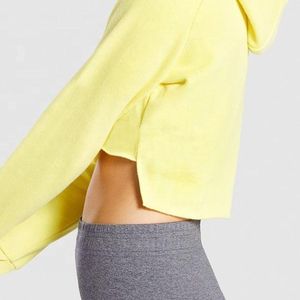Hoodie court jaune pour femme, manches longues, en tissu éponge, écologique, pour l'été, en coton tricoté - Product Image 3