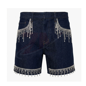 Shorts de Mezclilla de Cintura Alta con Decoración de Flecos con Cuentas, Lavado Oscuro, Estilo Casual, Ropa de Verano para Hombre, Shorts de Mezclilla con Pedrería - Product Image 1