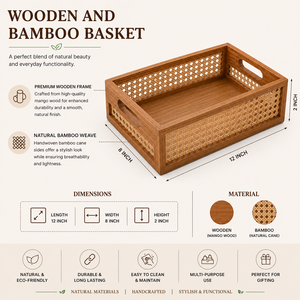 Handmade Wooden <b>Basket</b> with Bamboo Weave <b>Storage</b> Organizer Decorative Multipurpose <b>Basket</b> Tray - Product Image 5